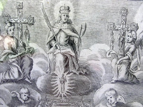 Der Heilige St. Trudpert und die beiden Vortragekreuze nach einem Stich von J.G. Seiller 1693 [Foto: Herbener; Ausschnitt]